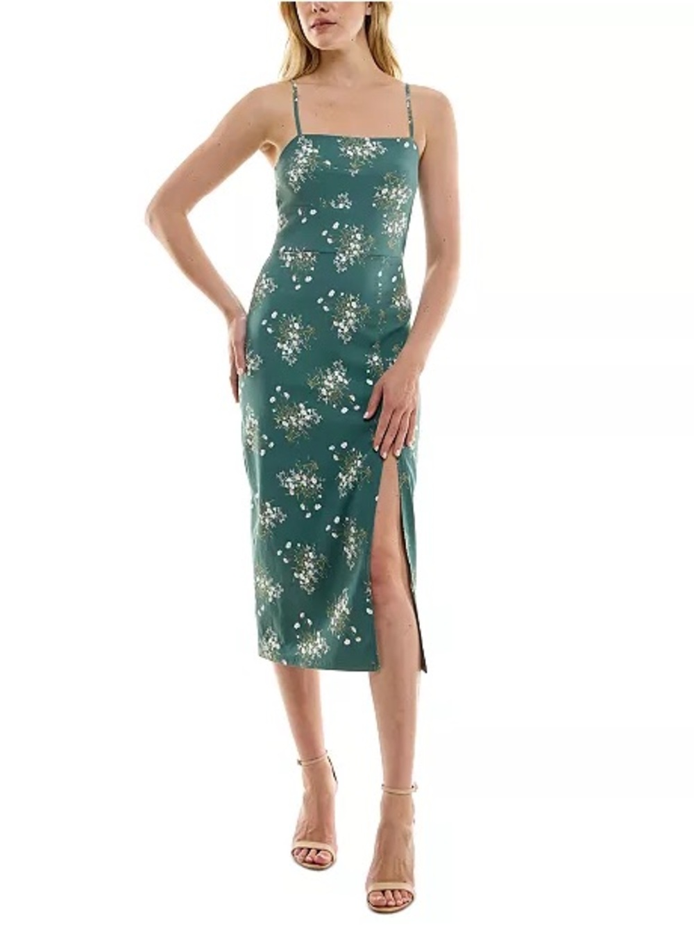 Trixxi Teal Floral Midi Slip Dress with Side Slit